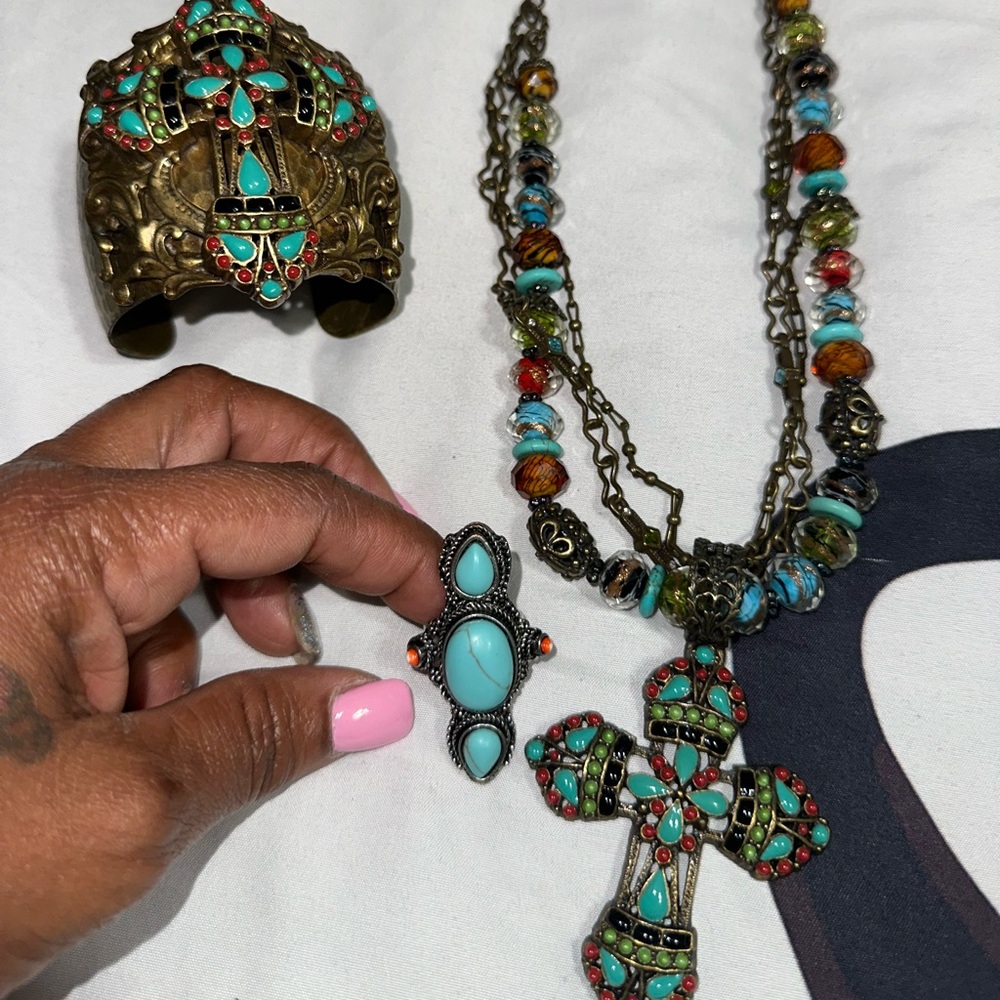 Sweet Romance Turquoise and Red Cross Necklace Set - Picture 1 of 11